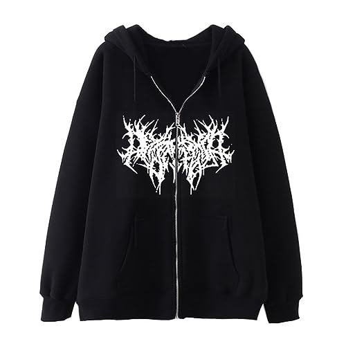 Damen Y2K Jacke Zip Up Hoodies Goth Strass Graphics Harajuku Oversized Sweatshirt Vintage Y2K Kapuzenjacke Kordelzug Mode Sweatjacke mit Kapuze 90er E-Girl Tops von Generisch