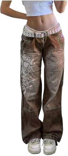 Damen Y2K Low Waist Jeans Mode Lockere Gerade Jeans Frühling Herbst Trend Gothic Print Street Zipper Jeanshose Teenager Boyfriend College Style Jeans (Kaffee,S) von Generisch