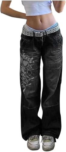 Damen Y2K Low Waist Jeans Mode Lockere Gerade Jeans Frühling Herbst Trend Gothic Print Street Zipper Jeanshose Teenager Boyfriend College Style Jeans (Schwarz,M) von Generisch