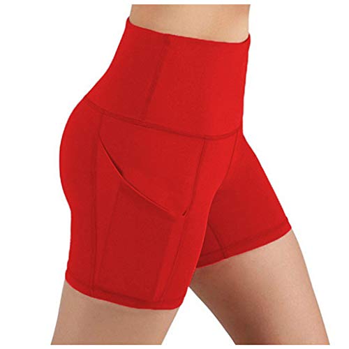 Damen Yoga Shorts Hotpants Fitness Shorts Blickdicht Kurz Radlerhose Laufshorts Workout Shorts mit Eingrifftasche (Rot, S) von Generisch