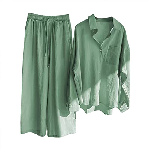 Damen Zweiteiler Elegant Musselin Bluse Hemd und Lang Leinen Hose Sets Clothes Aesthetic Zweiteiler Lounge Set Strand Outfit Sommer Satz Two Piece Set Casual Loose Women Große Größe Hosenanzüge von Generisch