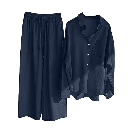 Damen Zweiteiler Elegant Musselin Bluse Hemd und Lang Leinen Hose Sets Clothes Aesthetic Zweiteiler Lounge Set Strand Outfit Sommer Set Two Piece Set Freizeit Loose Women Große Größe Hosenanzüge von Generisch
