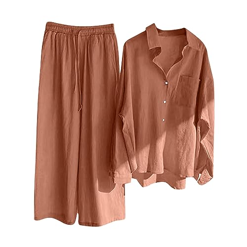 Damen Zweiteiler Elegant Musselin Bluse Hemd und Lang Leinen Hose Sets Clothes Aesthetic Zweiteiler Lounge Set Strand Outfit Sommer Set Two Piece Set Freizeit Loose Women Große Größe Hosenanzüge von Generisch