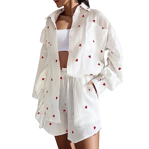 Damen Zweiteiliges Sommer Leinen Outfit Langarm Herz Bluse Hemd und Musselin Shorts High Waist 2 Teiler Set Elegant Loungewear Musselin Freizeitanzug T Shirt Strand Outfits Revers Pyjama Set von Generisch