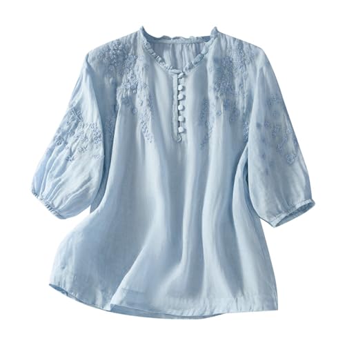 Damen bestickt Bohemian Stil Leinen Hemd Blusen Boho locker sitzend Floral Grafik Tunika Sommer Hippie Rüschen Front Tops für ältere Frauen Western V-Ausschnitt Spitze Boho Bauer Frühling, blau, XXL von Generisch