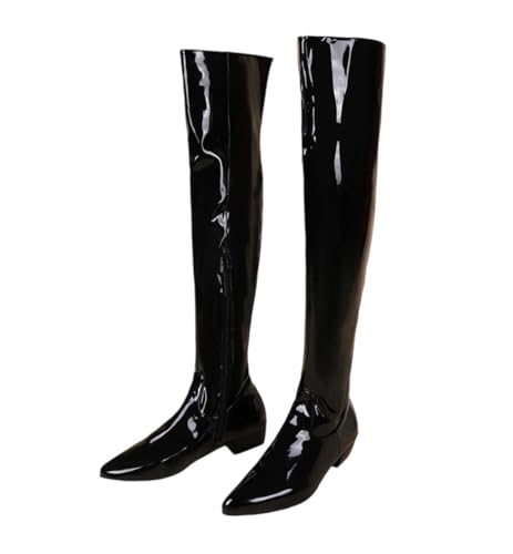 Damen breite Waden-Stiefel, Overknee-Stiefel, Lackleder, spitzer Zehenbereich, breiter Absatz, Reißverschluss, bequeme Schuhe, Schwarz , 44 EU von Generisch