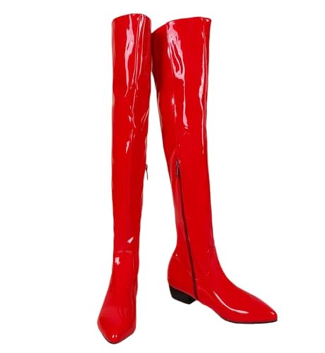 Damen breite Waden-Stiefel, Overknee-Stiefel, Lackleder, spitzer Zehenbereich, breiter Absatz, Reißverschluss, bequeme Schuhe, rot, 42 EU von Generisch