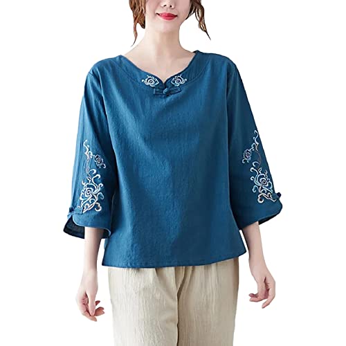 Damen dünner Stil Frühlingsstil Baumwolle Leinen Top Plate Buckle Large Size Top Ohrringe (Blue, M) von Generisch