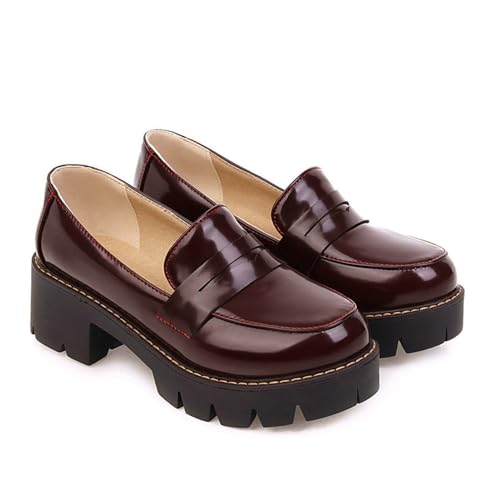 Damen klobige Plateau-Slipper im britischen Stil, bequem, runde Zehenpartie, rutschfeste Sohle, elegante Arbeit, Büro, Freizeitschuhe, weinrot, 38 EU von Generisch