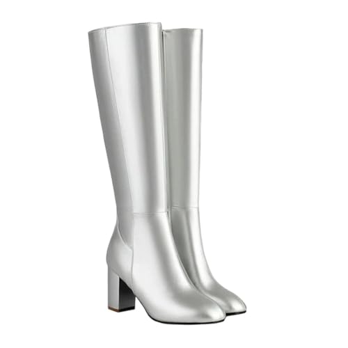 Damen kniehohe Stiefel, lange Stiefel, klobiger Absatz, seitlicher Reißverschluss, weiches Leder, Übergröße, elegante Schuhe, bequem, 4, 37.5 EU von Generisch