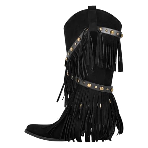 Damen kniehohe Stiefel mit spitzem Zehenbereich und Fransen zum Hineinschlüpfen mit bequemer Passform in der Mitte der Wade und klobigem hohem Absatz für einen klassisch inspirierten Look, Cd250603a von Generisch