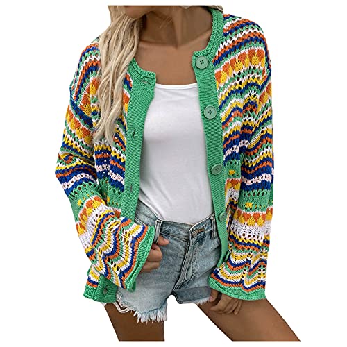 Damen strickjacke Bunte Gestreifte Drucken Strickmantel Lässige Lose Farbblock Strickmantel mit Knöpfen Outdoorjacke Cardigan Top Übergangsjacke Frühling Herbst von Generisch
