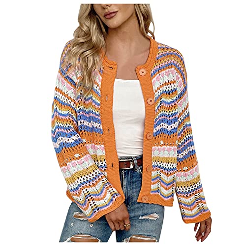 Damen strickjacke Bunte Gestreifte Drucken Strickmantel Lässige Lose Farbblock Strickmantel mit Knöpfen Outdoorjacke Cardigan Top Übergangsjacke Frühling Herbst von Generisch