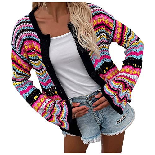 Damen strickjacke Bunte Gestreifte Drucken Strickmantel Lässige Lose Farbblock Strickmantel mit Knöpfen Outdoorjacke Cardigan Top Übergangsjacke Frühling Herbst von Generisch
