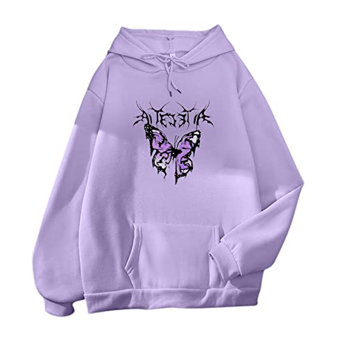 Damen süßes Sweatshirt Kawaii Langarm Hoodie Schmetterling Druck Pullover Tops für Teenager Frauen Kleidung mit Tasche Weiße Kapuzenjacke Damen (Purple, M) von Generisch
