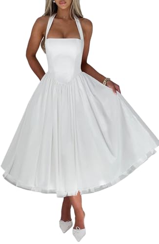Damen tief ausgeschnittenes Midikleid mit plissiertem Saum und Taschen Spaghettiträger-Korsett-Swing-Kleid von Generisch