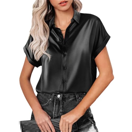 Damenblusen Satin Seide Hemden Kurzarm Tops Knöpfe Büro Lady Blusen, Schwarz , XXL von Generisch