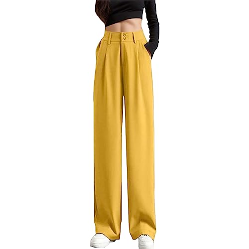 Damenhose mit weitem Bein Knopf Elegante Damenhose Sommer Entspannt elastische hohe Taille Business Arbeitshose Lange gerade Anzughose für Damen（Gelb, L） von Generisch