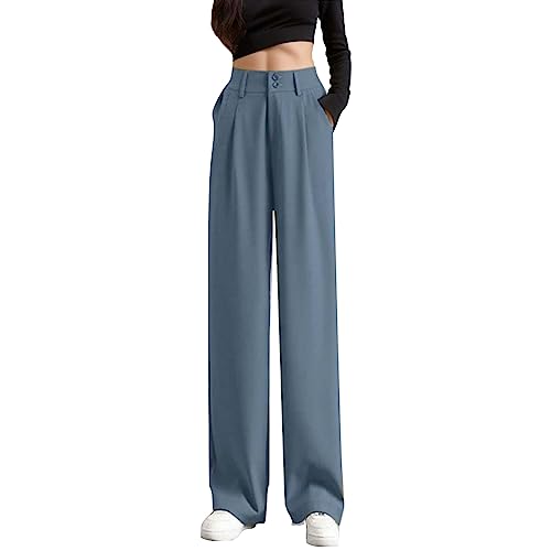 Damenhose mit weitem Bein Knopf Elegante Damenhose Sommer Entspannt elastische hohe Taille Business Arbeitshose Lange gerade Anzughose für Damen（Grau, L） von Generisch