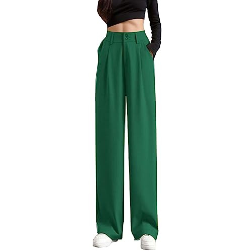 Damenhose mit weitem Bein Knopf Elegante Damenhose Sommer Entspannt elastische hohe Taille Business Arbeitshose Lange gerade Anzughose für Damen（Grün, XL） von Generisch