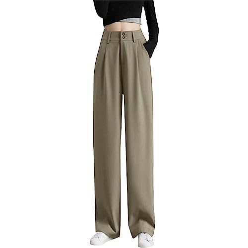 Damenhose mit weitem Bein Knopf Elegante Damenhose Sommer Entspannt elastische hohe Taille Business Arbeitshose Lange gerade Anzughose für Damen（Khika, L） von Generisch