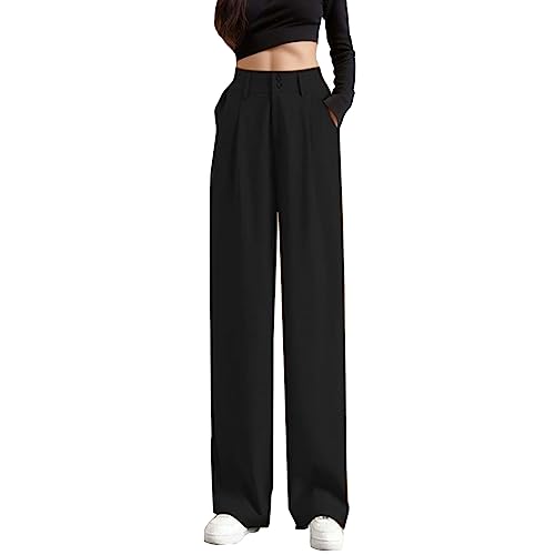 Damenhose mit weitem Bein Knopf Elegante Damenhose Sommer Entspannt elastische hohe Taille Business Arbeitshose Lange gerade Anzughose für Damen（Schwarz, L） von Generisch