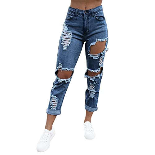 Damenjeans ： Jeanshose High Waist Mit Löchern Stoffhose High Waist Weit Loose Fit Denimhose Destroyed Jeanshosen Casual Bleistiftjean Streetwear Schlupfhose Vintage Löcher Jeans Weich Freizeithose von Generisch