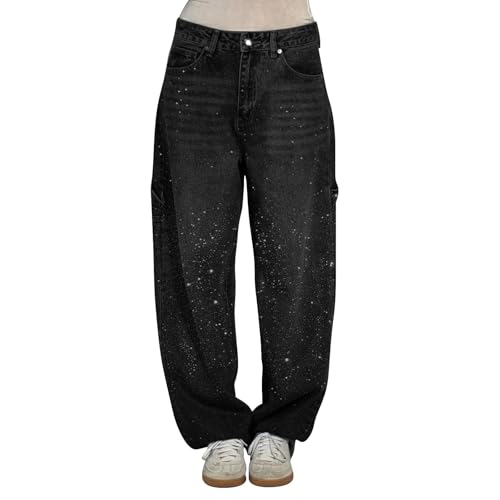 Damenjeans mit hoher Taille mit breiten Strasssteinen Denim Curvy Hose Glitzer elastisch Baggy Hose Glitzer Casual Jeans gerade glänzende Jeans mit breitem Bein 2025 Frühling Mode, Schwarz , XXXL von Generisch