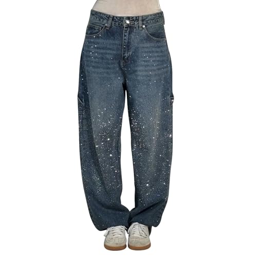 Damenjeans mit hoher Taille mit breiten Strasssteinen Denim Curvy Hose Glitzer elastisch Baggy Hose Glitzer Casual Jeans gerade glänzende Jeans mit breitem Bein 2025 Frühling Mode, dunkelblau, M von Generisch