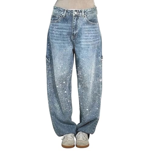 Damenjeans mit hoher Taille mit breiten Strasssteinen Denim Curvy Hose Glitzer elastisch Baggy Hose Glitzer Casual Jeans gerade glänzende Jeans mit breitem Bein 2025 Frühling Mode, hellblau, XXXL von Generisch