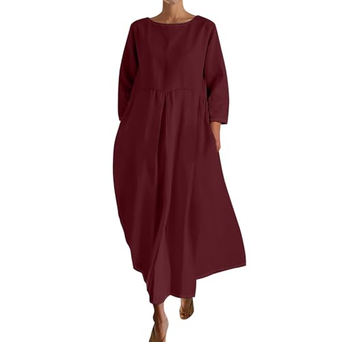Damenkleider Sommer Elegant A-Linie Sommerkleid mit Ärmeln Langarm Blusenkleid Lang Locker Sommerkleider Damen Leicht Und Luftig Strandkleid Maxi Rundhals Einfarbig Freizeitkleid Weite von Generisch