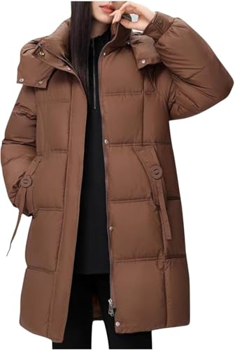 Damenmantel Kapuzenmantel Steppmantel Mittellang Mode Outdoor Schnee Lose Langarm Reißverschluss Knopf Mit Tasche Mantel Damen Vintage Gemütlich Lässig Puffer Mantel (Kaffee,XL) von Generisch