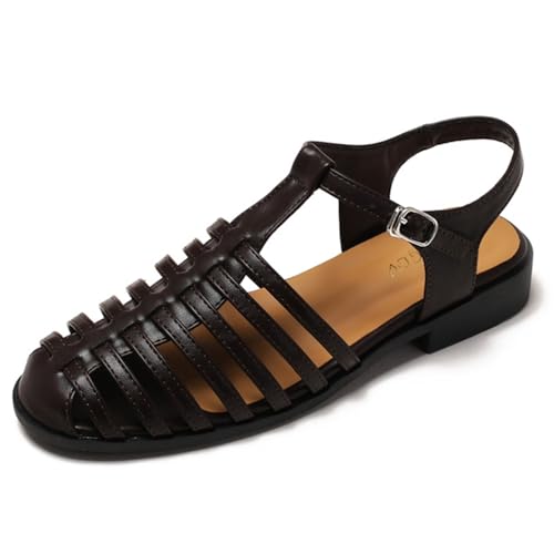 Damenmode Aushöhlen Geschlossene Runde Zehenschnalle Casual Leichte Sommer Römische Schuhe, coffee, 38 EU von Generisch