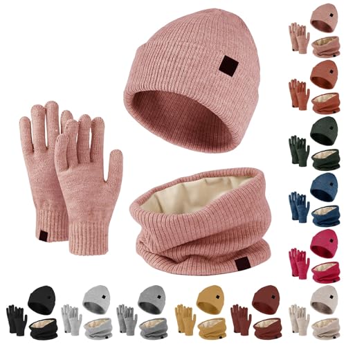Damenmütze Winter Mütze Schal Handschuhe Set Warm Mütze Touchscreen Handschuhen Fleece Gefütterte Handschuhe Wintermütze Strickmütze Beanie Fleecefutte Strick Strickmütze Set Winterschal Strickschal von Generisch