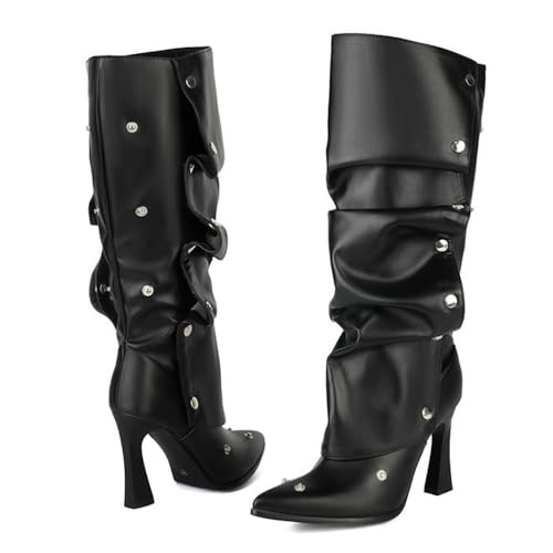 Damenreitstiefel, kniehoch, lässig, abnehmbar, gerüscht, breite Wade, spitzer Zehenbereich, Stiletto-Pumps, Schwarz , 40 EU von Generisch