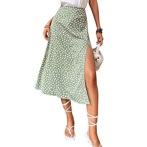 Damenrock Sommer Basic Boho Split Oberschenkel Print Elegant Schlitz Lange Länge Hohe Taille mit Reißverschluss Leicht Stretch Rock, 10, XS von Generisch
