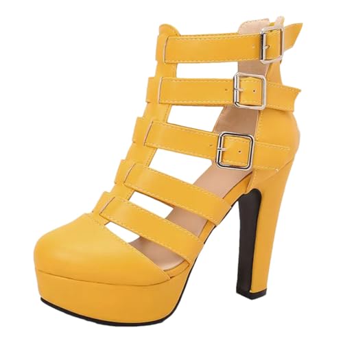 Damensandalen, runde Zehenpartie, klobige Absätze, 12 cm, Plateau, 3,5 cm, Reißverschluss, Gürtelschnallen, Übergröße, Dating-Schuhe, gelb, 37 EU Damensandalen, runde Zehenpartie, klobige Absätze, 12 cm, Plateau, 3,5 cm, Reißverschluss, Gürtelschnallen, Übergröße, Dating-Schuhe, gelb, 37 EU von Generisch