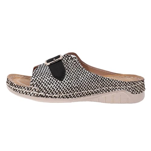 Damensandalen Keilabsatz Sandalen Damen Soft Sohle Damen Hausschuhe Dicke Hausschuhe Damenschuhe Bordüre Große Größe Fischmaul Breite Streifen Strand Peeptoe Sandalen Flach Wander (Khaki,41) von Generisch