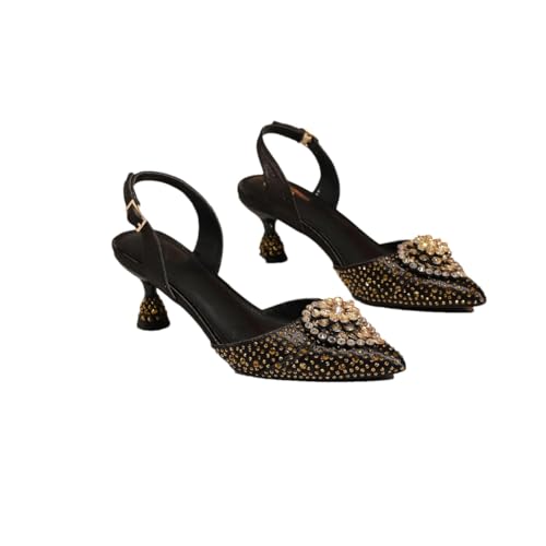 Damensandalen mit Ziegelstein-Set, pfirsichfarbene Herzen, High Heels, Hochzeitsbankett, spitze Damenschuhe, Schwarz , 40 EU von Generisch