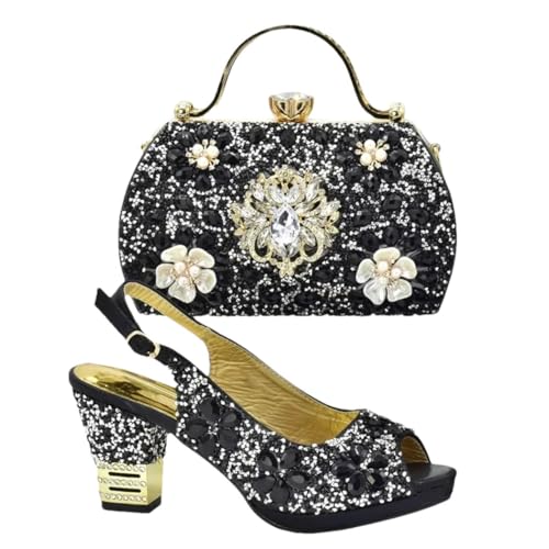 Damensandalen und passende Tasche Set für Hochzeitsfeier in elegantem, italienisch inspiriertem Abenddesign, Schwarz , 43 EU von Generisch