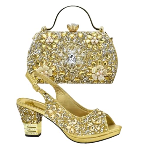 Damensandalen und passende Tasche Set für Hochzeitsfeier in elegantem, italienisch inspiriertem Abenddesign, gold, 41.5 EU von Generisch