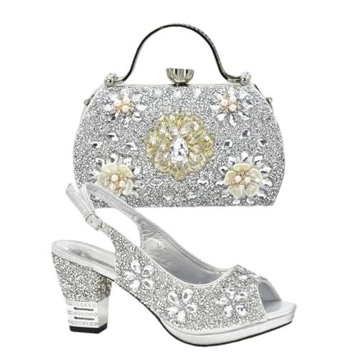 Damensandalen und passende Tasche Set für Hochzeitsfeier in elegantem, italienisch inspiriertem Abenddesign, silber, 41.5 EU von Generisch