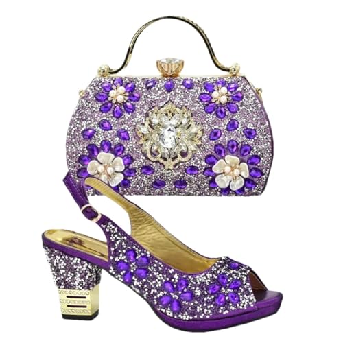 Damensandalen und passende Tasche Set für Hochzeitsfeier in elegantem, italienisch inspiriertem Abenddesign, violett, 41.5 EU von Generisch