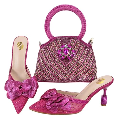 Damenschuh und Tasche Set Italienischer nigerianischer Stil Spitze Zehen Hausschuhe mit Kristall für Partys Fuchsia von Generisch