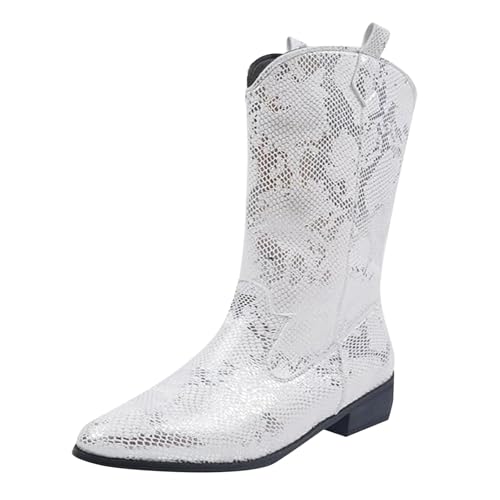 Damenschuhe, alltägliche Schlupfstiefel aus Leder, bestickt, für Herbst und Winter, elegante Stiefel, bequem und stilvoll, Western-, Landhaus-, Western-, Hochzeitsschuhe, farblos, 37.5 EU von Generisch
