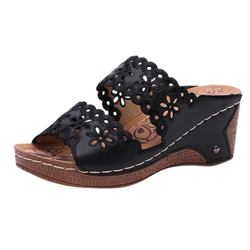 Damenschuhe Gelb 42 Damen Solid Slip On Casual Open Toe Wedges Bequeme Strandschuhe Sandalen Hausschuhe Wander Schuhe Damen 39 (Black, 39) von Generisch