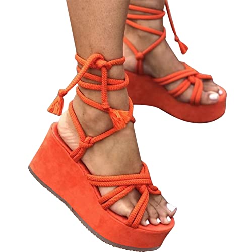 Damenschuhe Mode Sommer High Spring Toe Wedge Damen Sandalen Strap Open Atmungsaktiver Damenhausschuh Damen Schuhe Sommer Elegant Absatz (Orange, 41) von Generisch