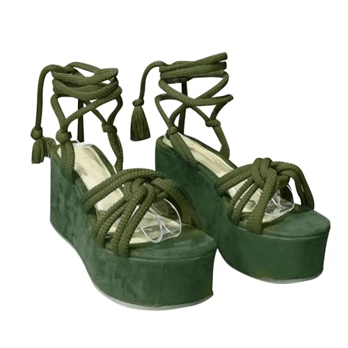 Damenschuhe Schwarz Absatz Sommer-Sandalen mit Fischmaul-Schnürung und Slope-Absatz für Damen mit dicker Sohle Plateau Schuhe Damen Schwarz Sommer (Green, 37) von Generisch