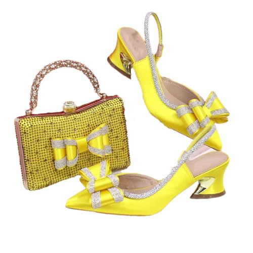 Damenschuhe und Handtaschen, italienischer Stil, mittelhoher Absatz, hohle Stickerei, Strass-Accessoires, gelb, 43.5 EU von Generisch