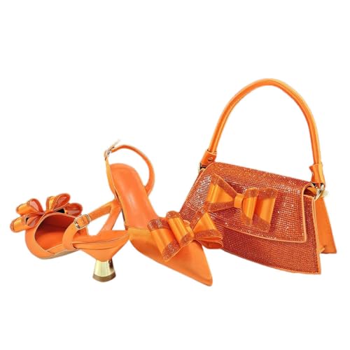 Damenschuhe und Tasche, Set mit Absatz, Schmetterling, italienisches Design, Hochzeit, Party, Zubehör, passender Look, Orange, 44.5 EU von Generisch